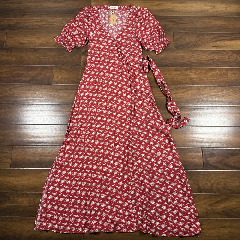 Natural Life Women's Size Small Red Floral Sophia Wrap Maxi Dress